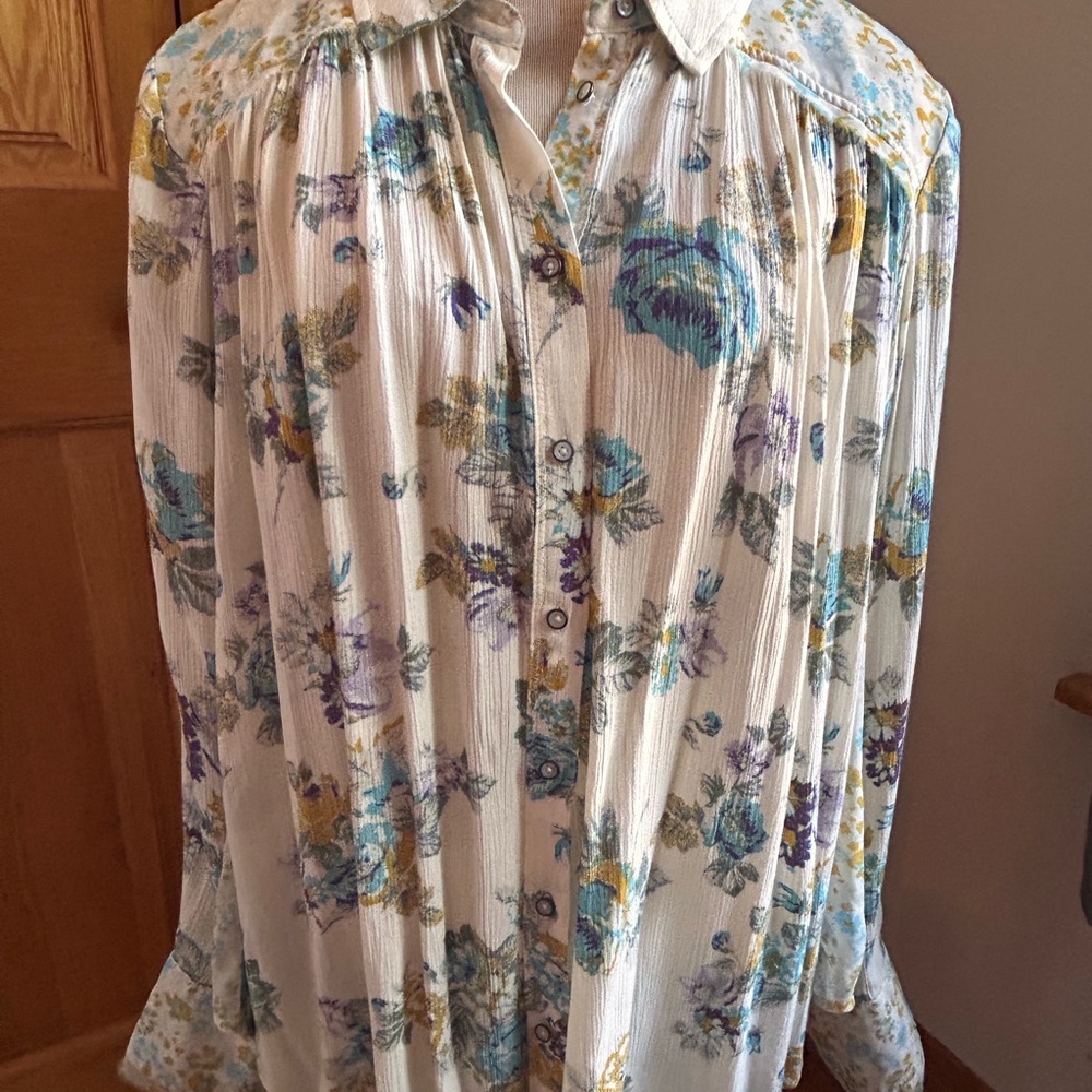 Free People Floral Button-Down Shirt - Cream, Blue, Yellow